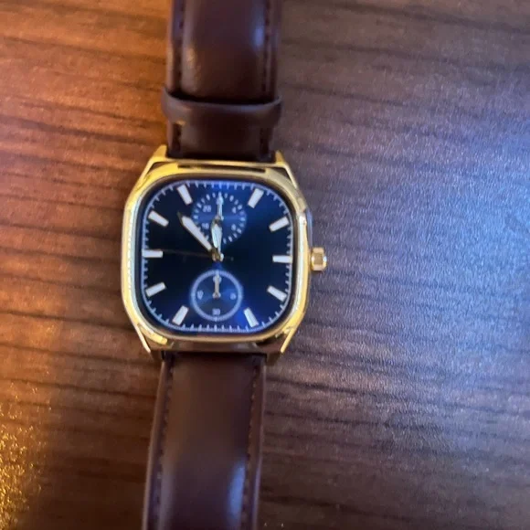 Square Gold Case Brown Leather Watch with Black Dial - Picture 2 of 3